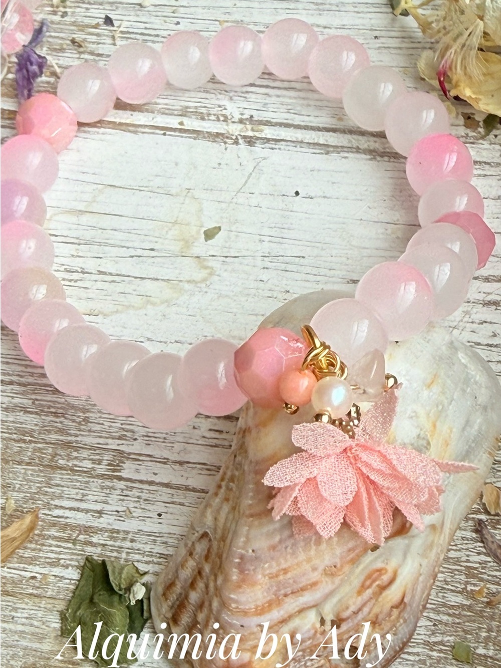 Alquimia Pink Beaded Bracelet with Gold Accents and Fabric Flower Charm